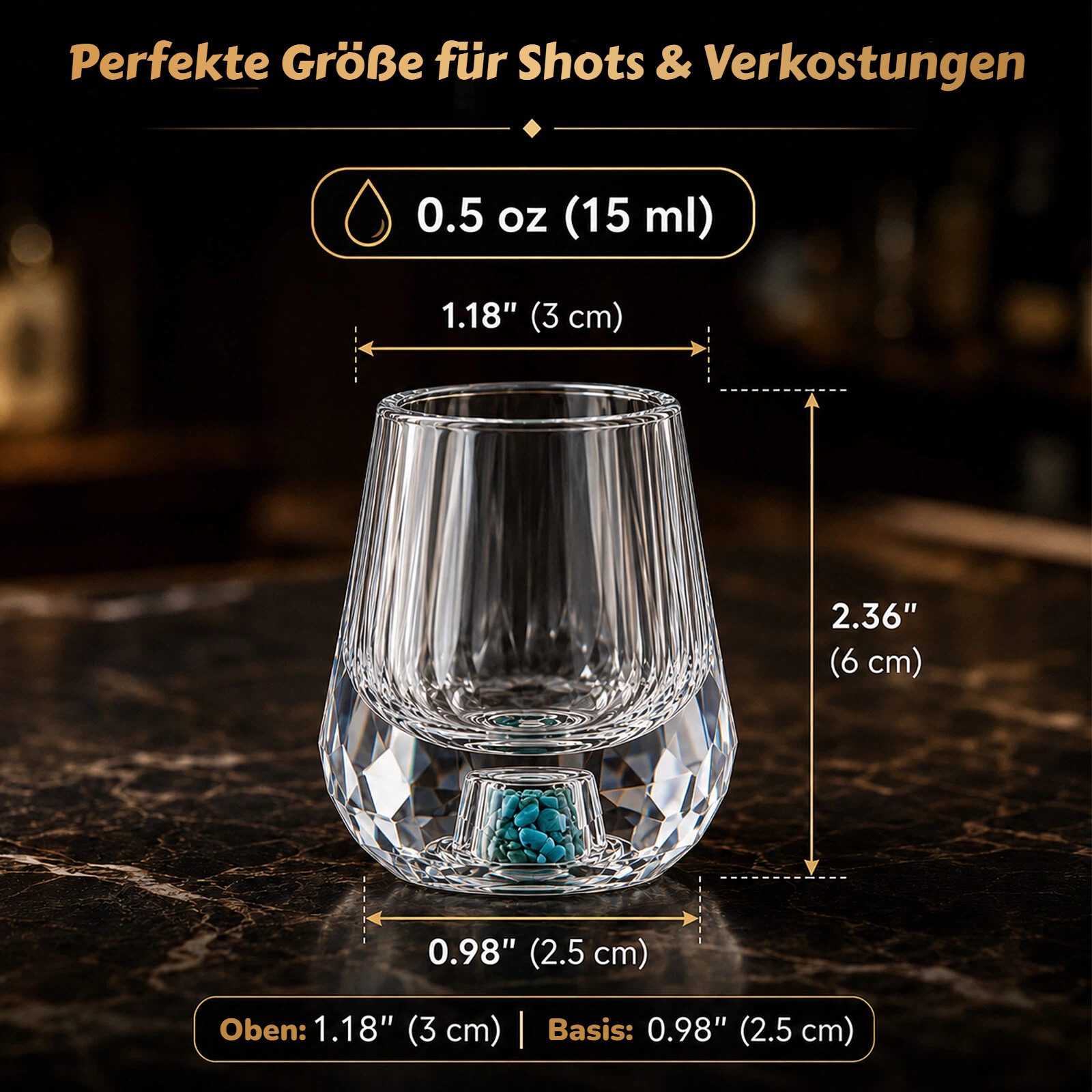 BlingBin Schnapsglas Diamant-Schnapsgläser, 15ml Kristallgläser mit Türkis Naturstein, 6-tlg., Kristall, Elegantes Shotgläser mit Schwerem Boden für Wodka, Tequila, Whiskey