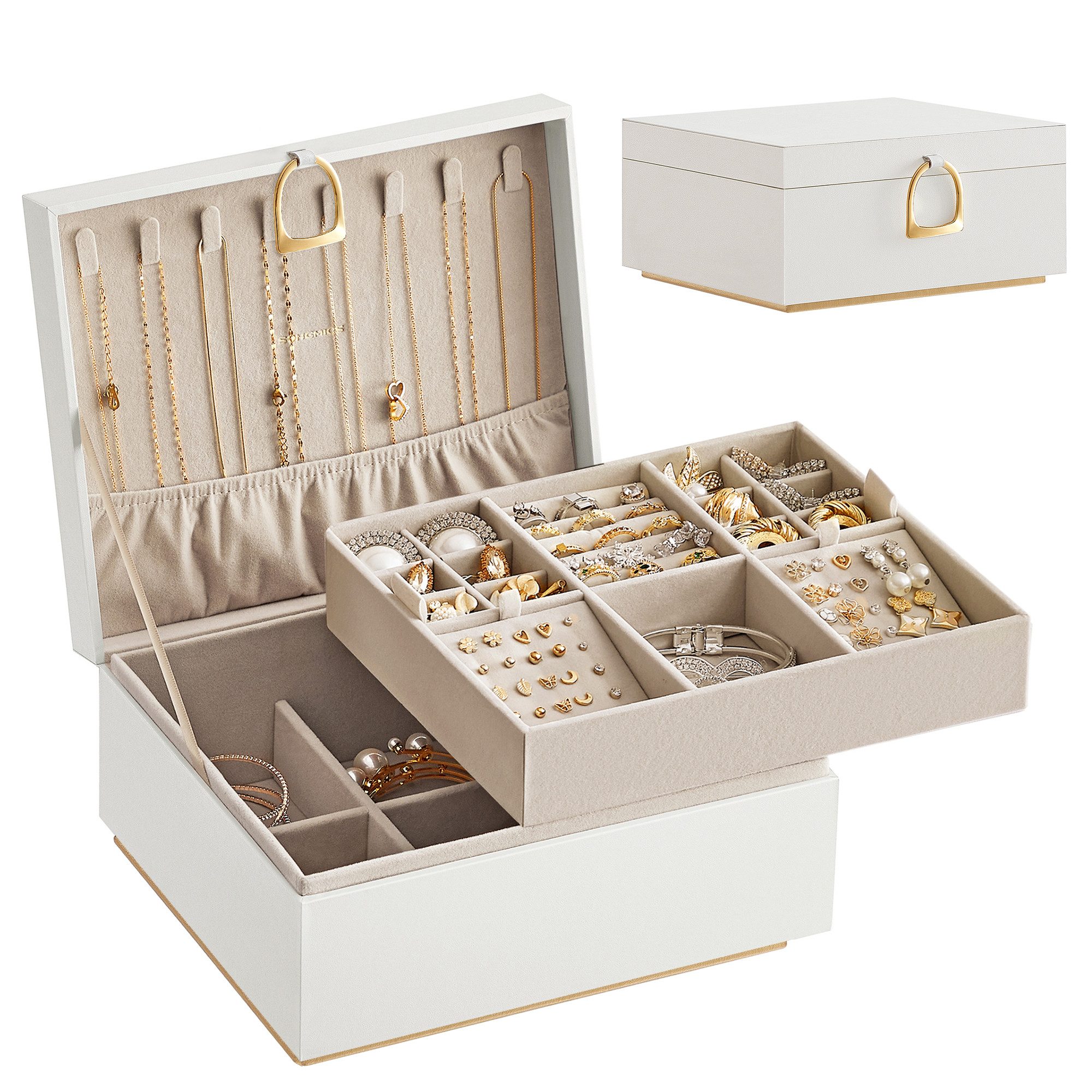 SONGMICS Schmuckkasten Schmuckbox Schmuckaufbewahrung, 2 Ebenen, mit Griff, flexibles Schmucktablett