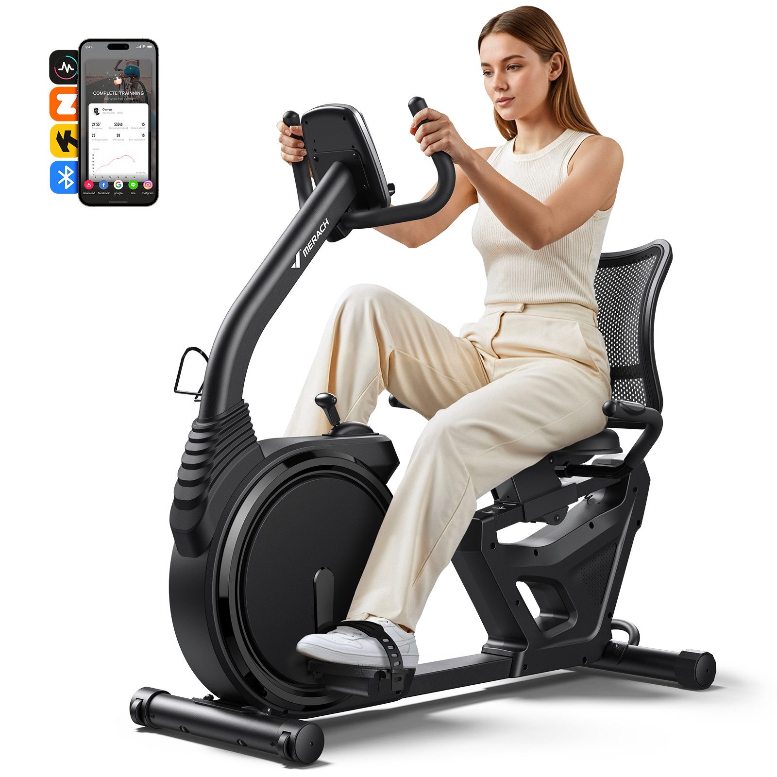 MERACH Liege-Heimtrainer für Zuhause, gelenkschonendes Fitnessbike bis 135 kg (mit LCD-Display, mit Bluetooth & exklusiver MERACH App, Pulssensoren, Tablet-Halter, 8-Stufen-Magnetwiderstand, flüsterleise), Dual-Belt-Antrieb, ergonomischer Sitz mit Rückenlehne