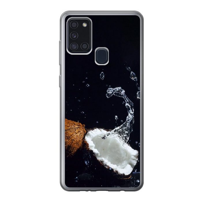 MuchoWow Handyhülle Kokosnuss - Stillleben - Wasser - Schwarz - Frucht Handyhülle Samsung Galaxy A21s Smartphone-Bumper Print Handy