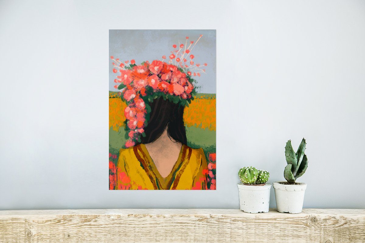 Porträt MuchoWow Poster, - - Blumen Wohnzimmer, (1 - Wandbild, für Rot, Frau Rahmen Poster Wandposter Ohne St),