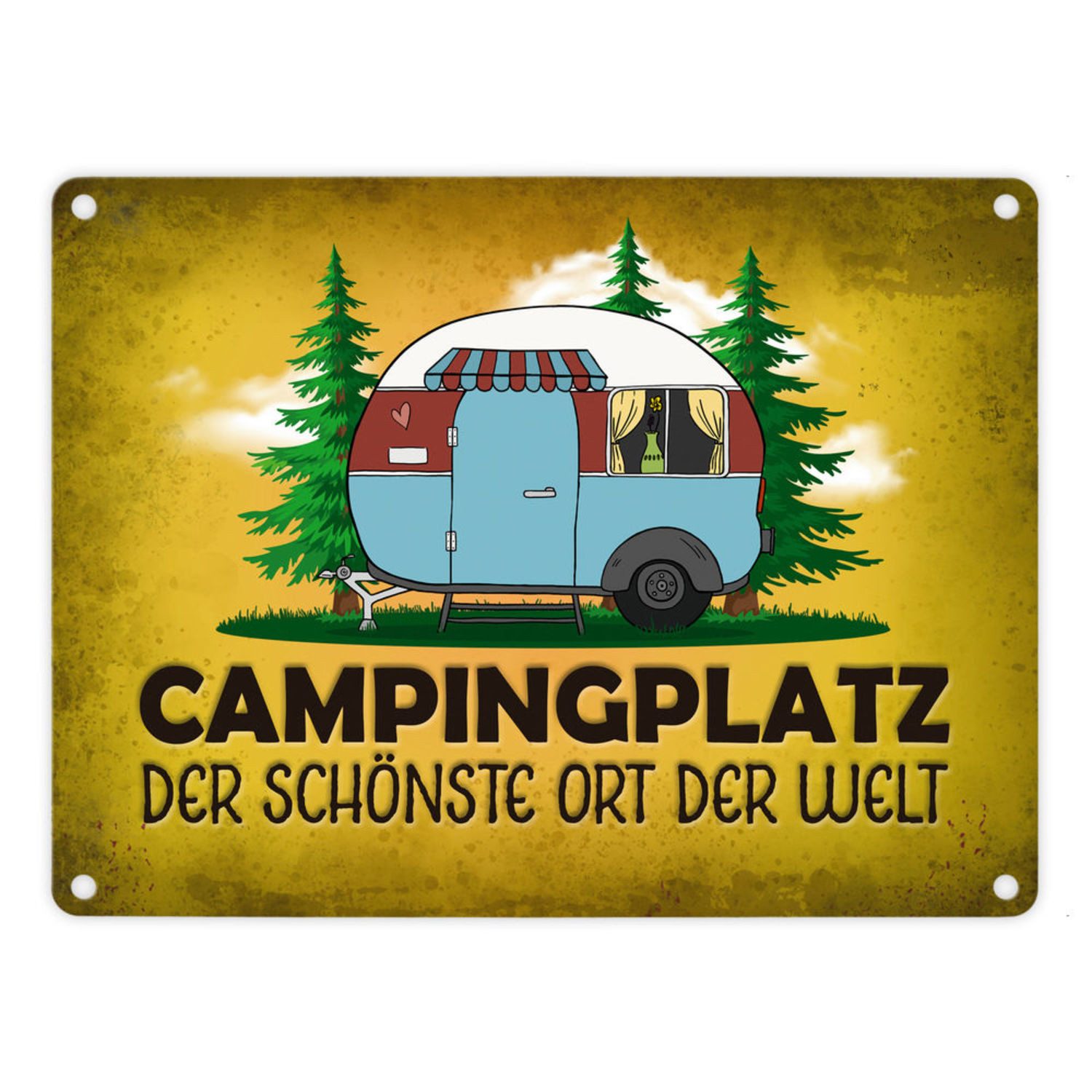 speecheese Metallschild Campingplatz Metallschild in gelb mit Wohnwagen Motiv Wohnmobil Hobby
