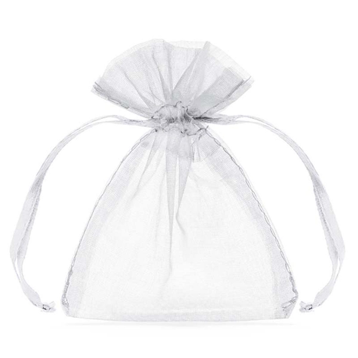 partydeco Geschenkpapier Organzasäckchen mit Satinband, 10Stück, weiß