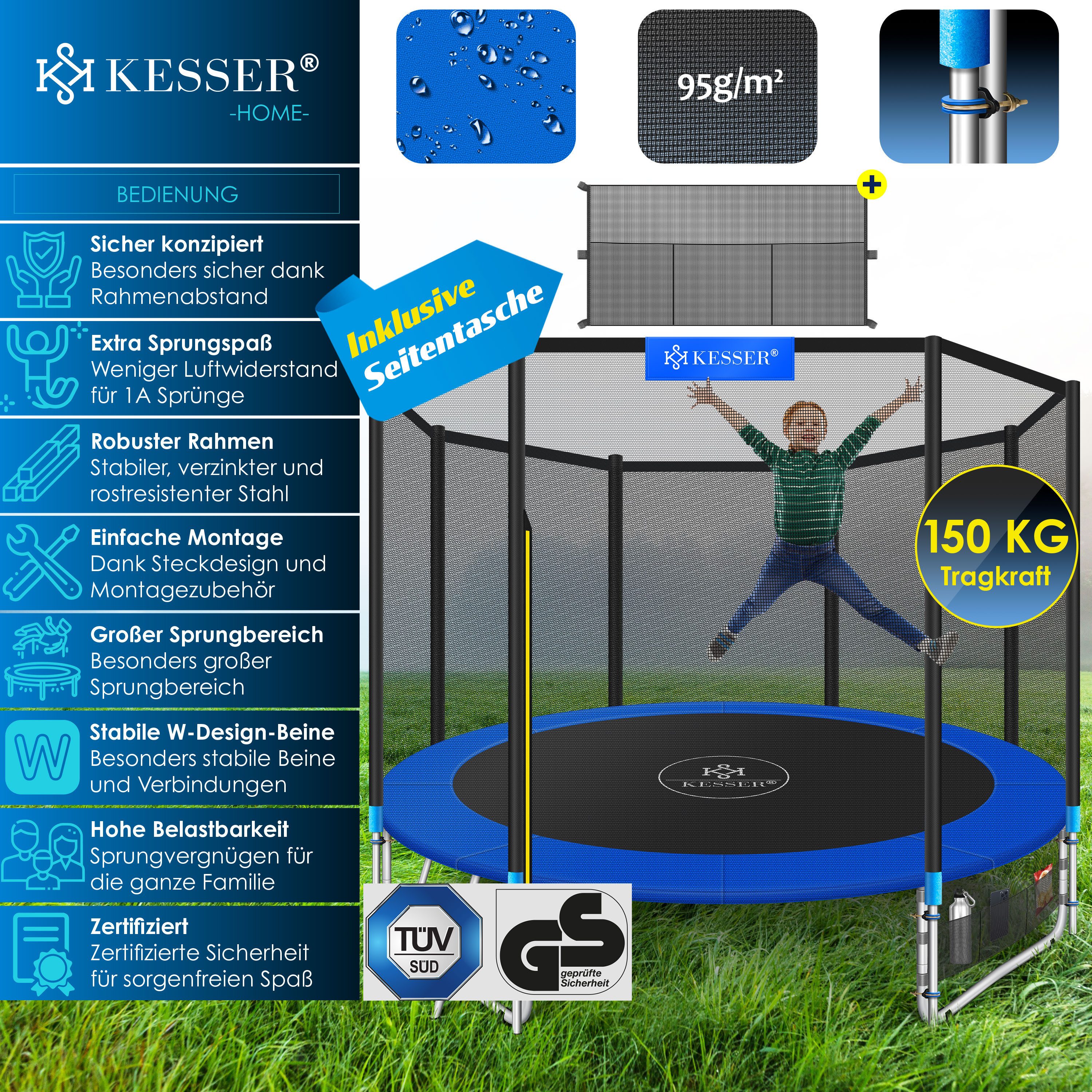 KESSER Gartentrampolin, Ø 305 cm, Trampolin TÜV Rheinland GS Zertifiziert Komplettset Sicherheitsnetz