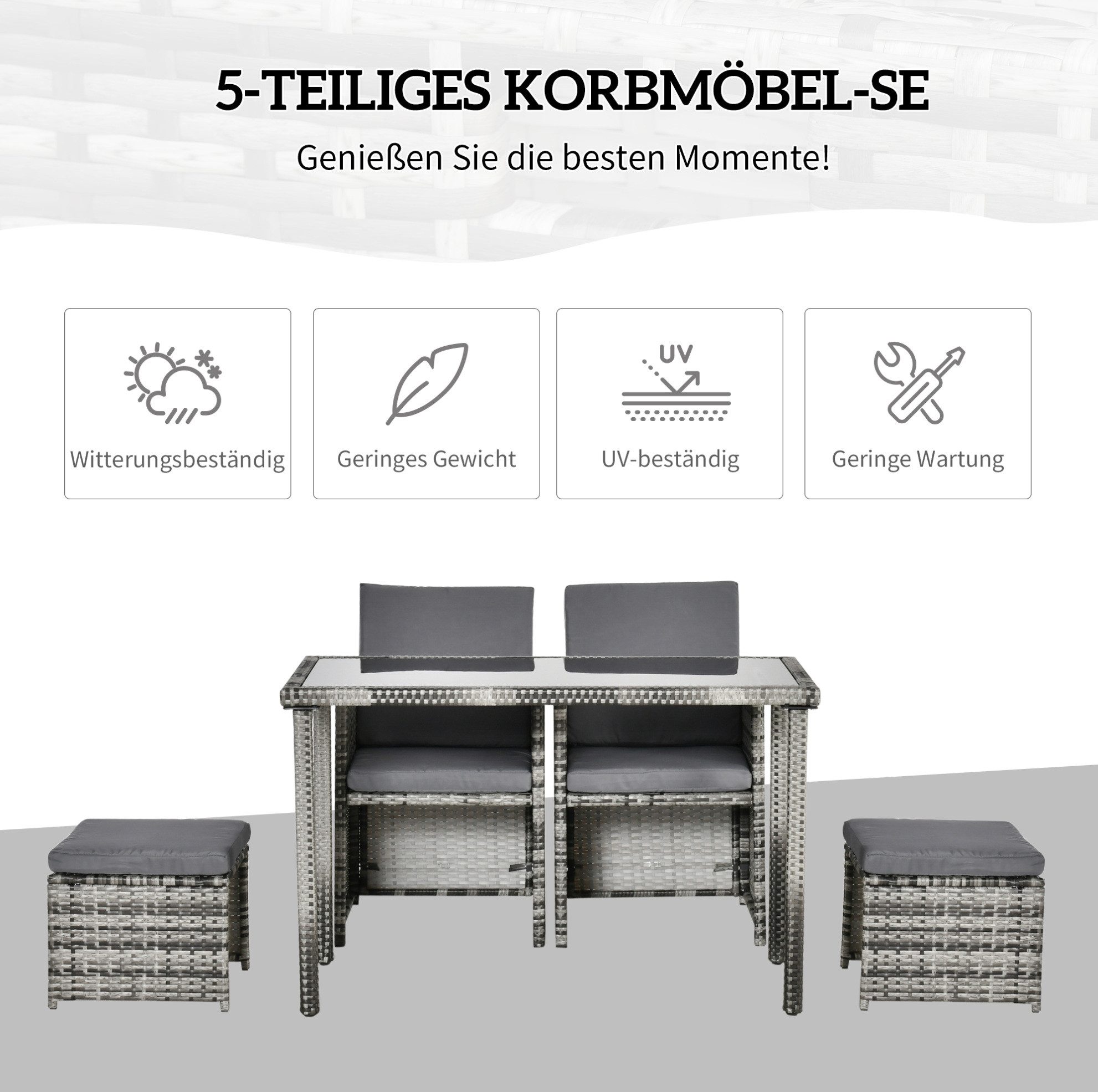 OKWISH Sitzgruppe 4‑tlg. Polyrattan-Sitzgruppe in Grau mit Kissen, wetterfest, (Set, 5-tlg., Outdoor-Speiseset für gemütliche Familienrunden & Grillabende), Essgruppe & Gartenset für Terrasse, Garten & Hof