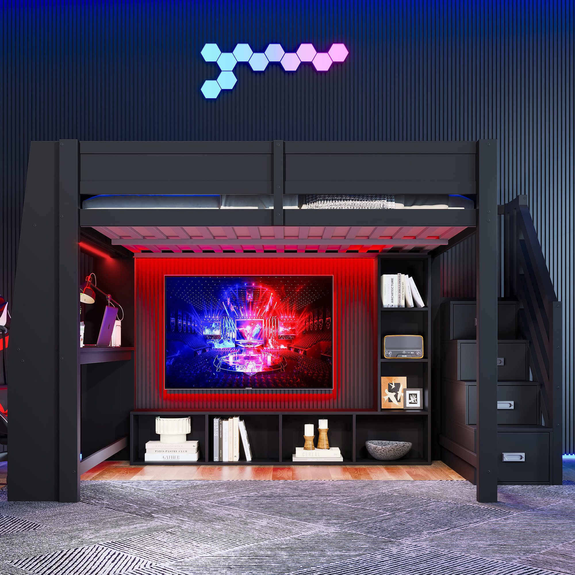 OKWISH Hochbett Buffetschrank mit Schiebetüren & 3 Schubladen (mit LED-Beleuchtung, Schreibtisch & Stauraumtreppe, Schwarz, 1-St., 278.5 x 145 x 170)