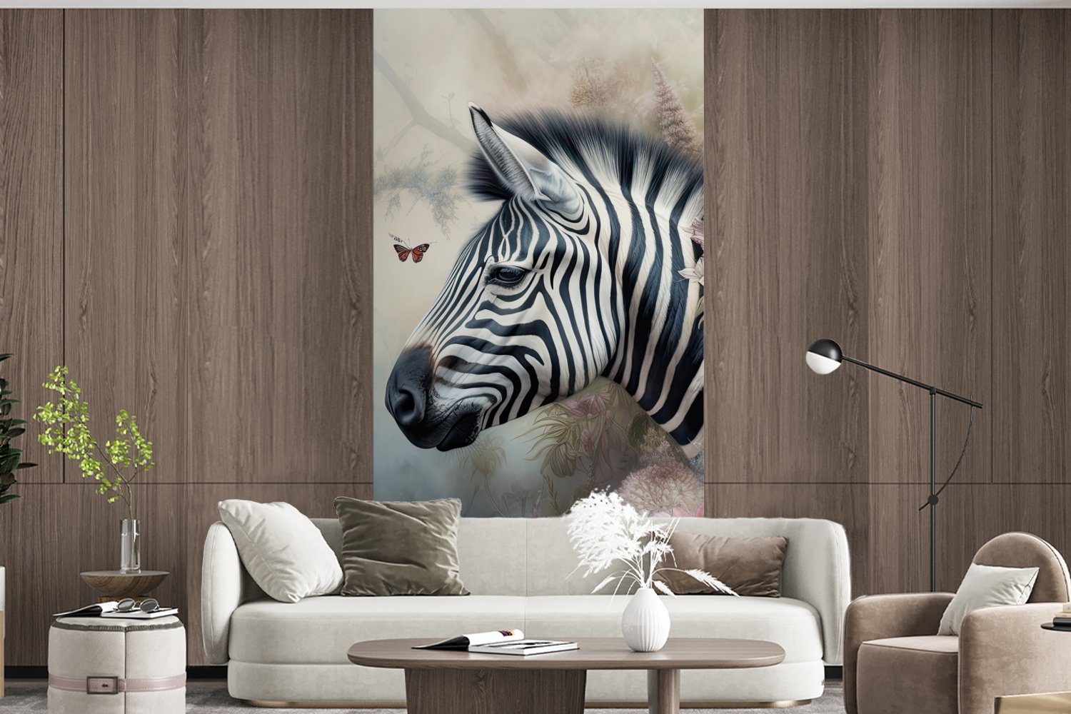 Matt, MuchoWow Schmetterling bedruckt, Wohnzimmer Vliestapete Küche, Tiere Fototapete Zebra Schlafzimmer (2 Fototapete Wilde - - St), Blumen, - für