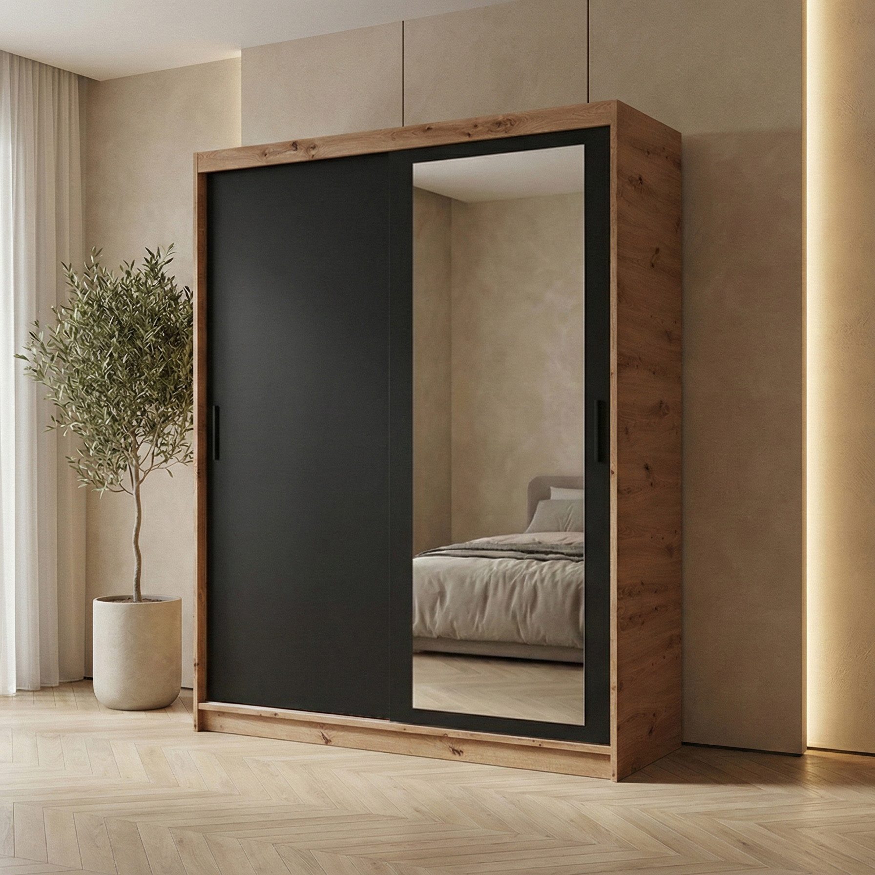 Beautysofa Kleiderschrank HELA (Schrank mit Spiegel, Breite: 100 cm, 120 cm oder 180 cm) Weiß, Schwarz oder Schwarz + Artisan