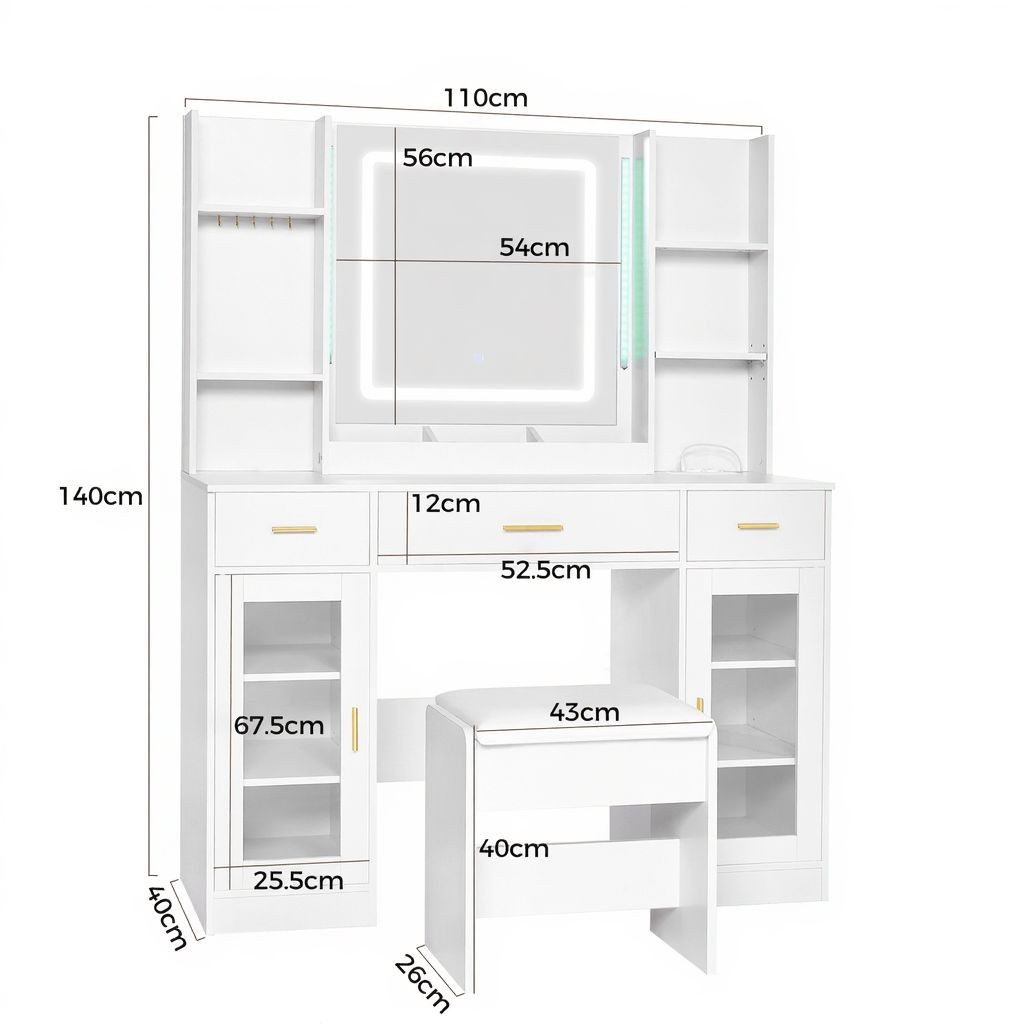 BEWISHOME Schminktisch mit Spiegel und Hocker, 3 Schubladen, 2 Türen, 110 x günstig online kaufen