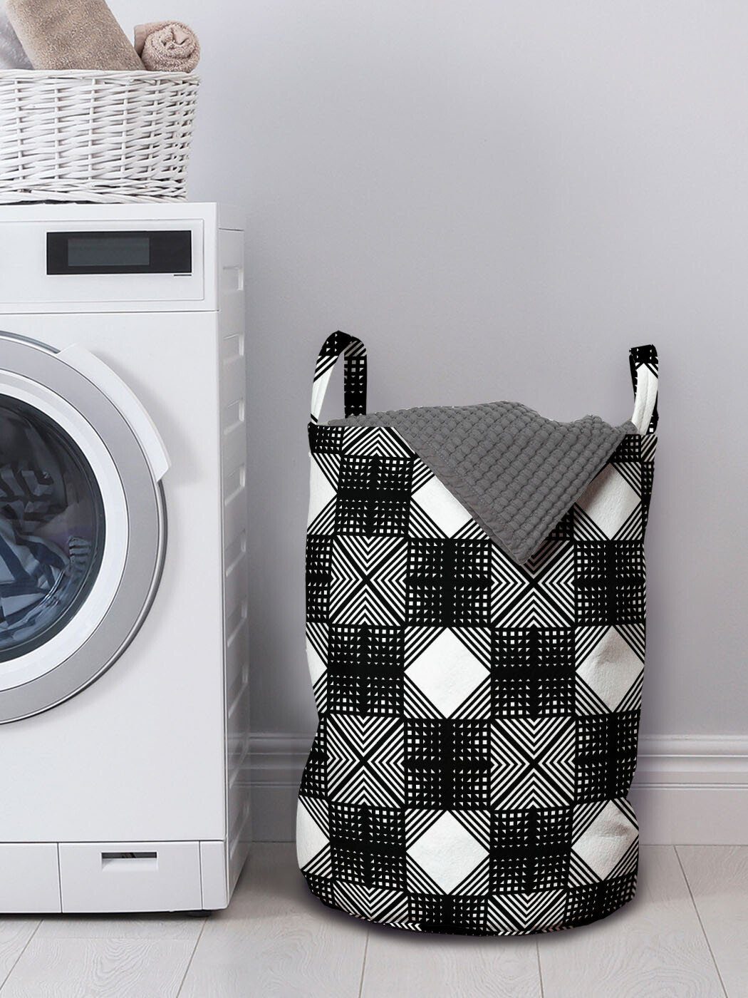 Wäschekorb Geometrisch mit Lattice Waschsalons, Kordelzugverschluss Wäschesäckchen Squares Griffen Symmetrische für Abakuhaus