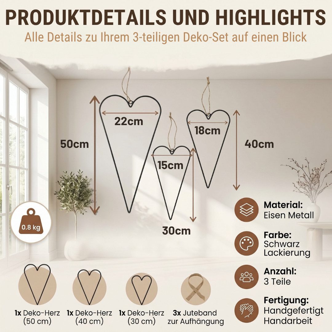 Topanbieter999 Hängedekoration Herz Metall schwarz (3 teilig), DREI Größen, mit Jute Band zum Aufhängen