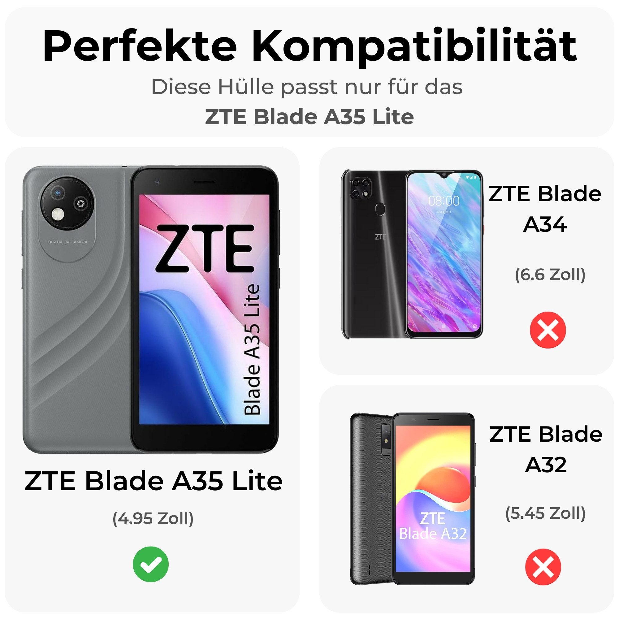 betterfon Smartphone-Hülle Handytasche für ZTE Blade A35 Lite Handyhülle Klapphülle, Bookstyle-Hülle: Magnetverschluss 3 Kartenfächer & Standfunktion