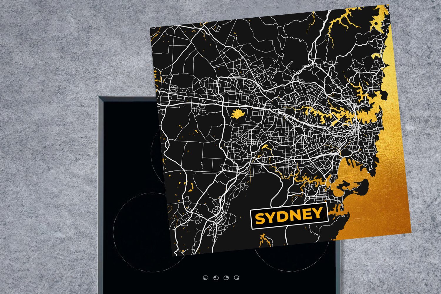 cm, Ceranfeldabdeckung, küche Arbeitsplatte MuchoWow Stadtplan, tlg), - Vinyl, (1 Gold Sydney - - Herdblende-/Abdeckplatte für Karte 78x78