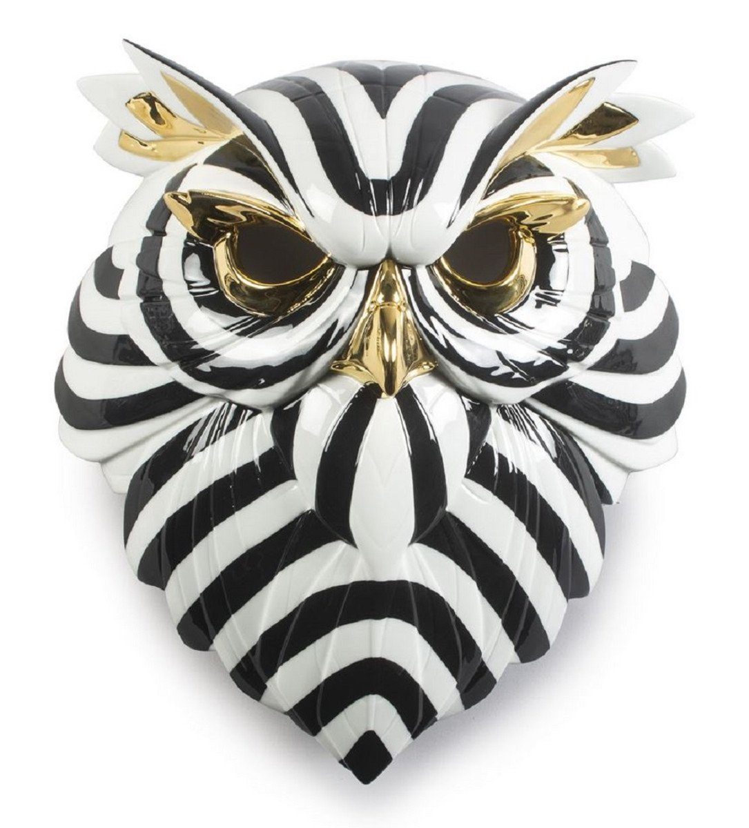 Casa Padrino Dekofigur Casa Padrino Luxus Porzellan Deko Maske Eule Schwarz / Weiß / Gold 32 x 14 x H. 35 cm - Moderne handgefertigte Wanddeko - Erstklassische Qualität - Made in Spain