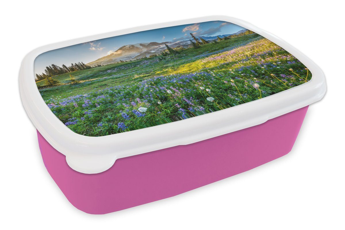 MuchoWow Lunchbox Berg - Blumen - Frühling, Kunststoff, (2-tlg), Brotbox für Erwachsene, Brotdose Kinder, Snackbox, Mädchen, Kunststoff rosa