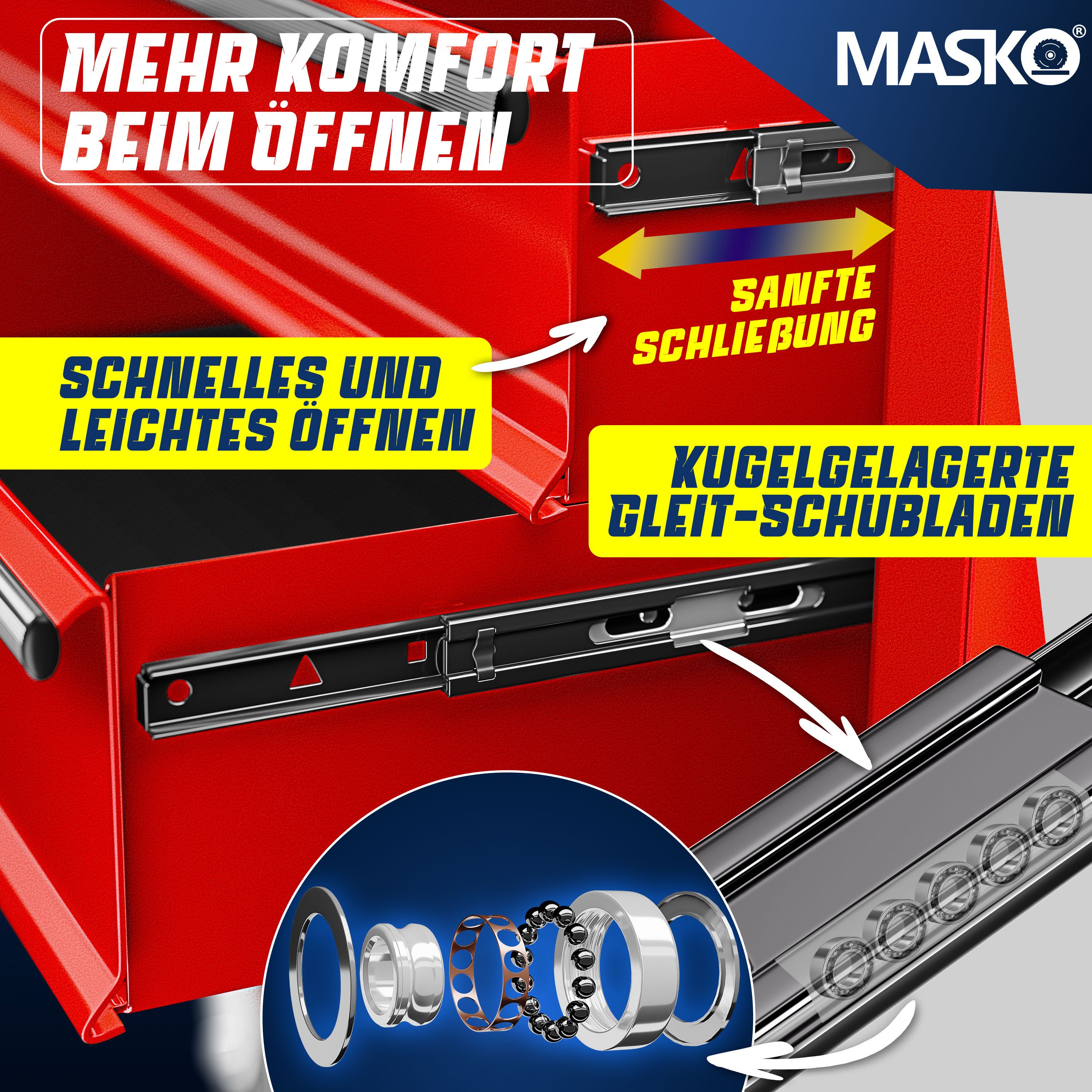MASKO Werkstattwagen Profi Werkzeugwagen mit 7 Schubladen, abschließbar, massives Metall, 7 Fächer Rot, Rollwagen zur Werkzeugaufbewahrung mit Schloss & 2 Schlüssel
