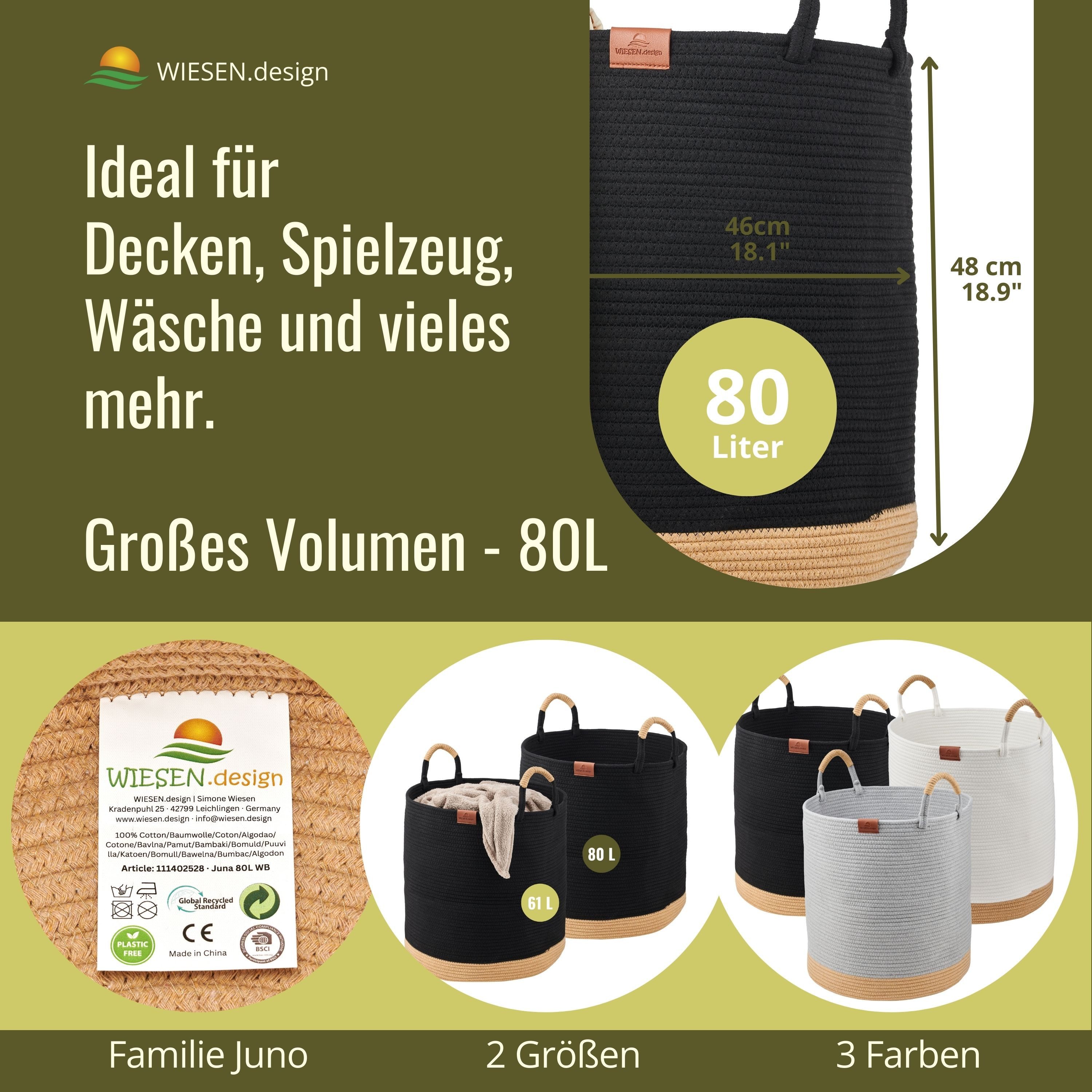 WIESEN.design Wäschekorb Großer Wäschekorb geflochten - Juna 80L - aus 100% Baumwollseil (Baumwollkorb, Laundry basket, Wäschekorb xxl, Wäschekorb rund, Korb fü – Bild 3 von 5