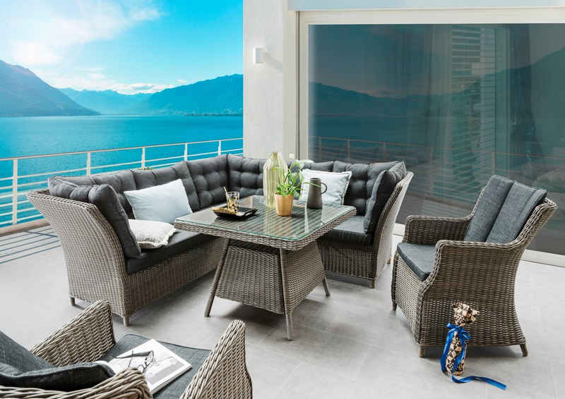 Destiny Garten-Essgruppe PALMA LUNA, (Set, 16-tlg), Polyrattan, Eckgruppe mit 2 Sessel, Tisch 90x90x67 cm, inkl. Auflagen