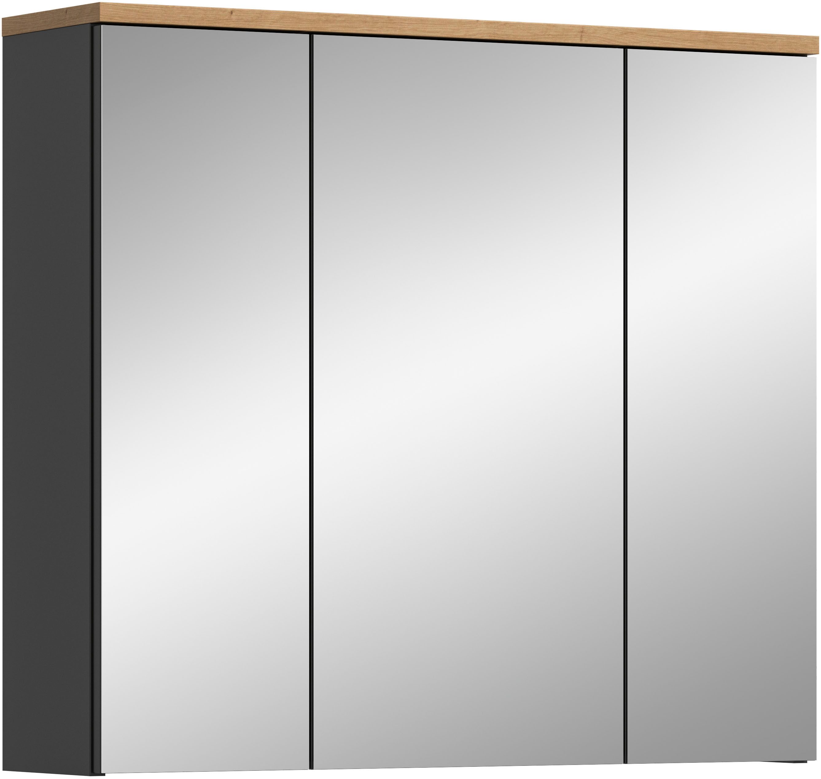 welltime Spiegelschrank REHAT, Breite 80 cm, 3 Spiegeltüren, 6 Einlegeböden Türanschlag der mittleren Tür wechselbar, Grifflose Spiegelfront