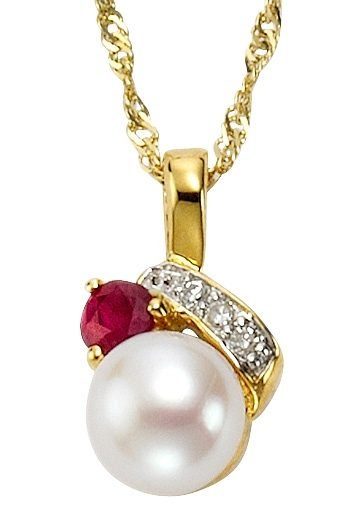 Firetti Kettenanhänger Schmuck Geschenk Gold 333 Halsschmuck Anhänger Perle Rubin, mit Rubinen - mit Süßwasserzuchtperlen - mit Diamanten