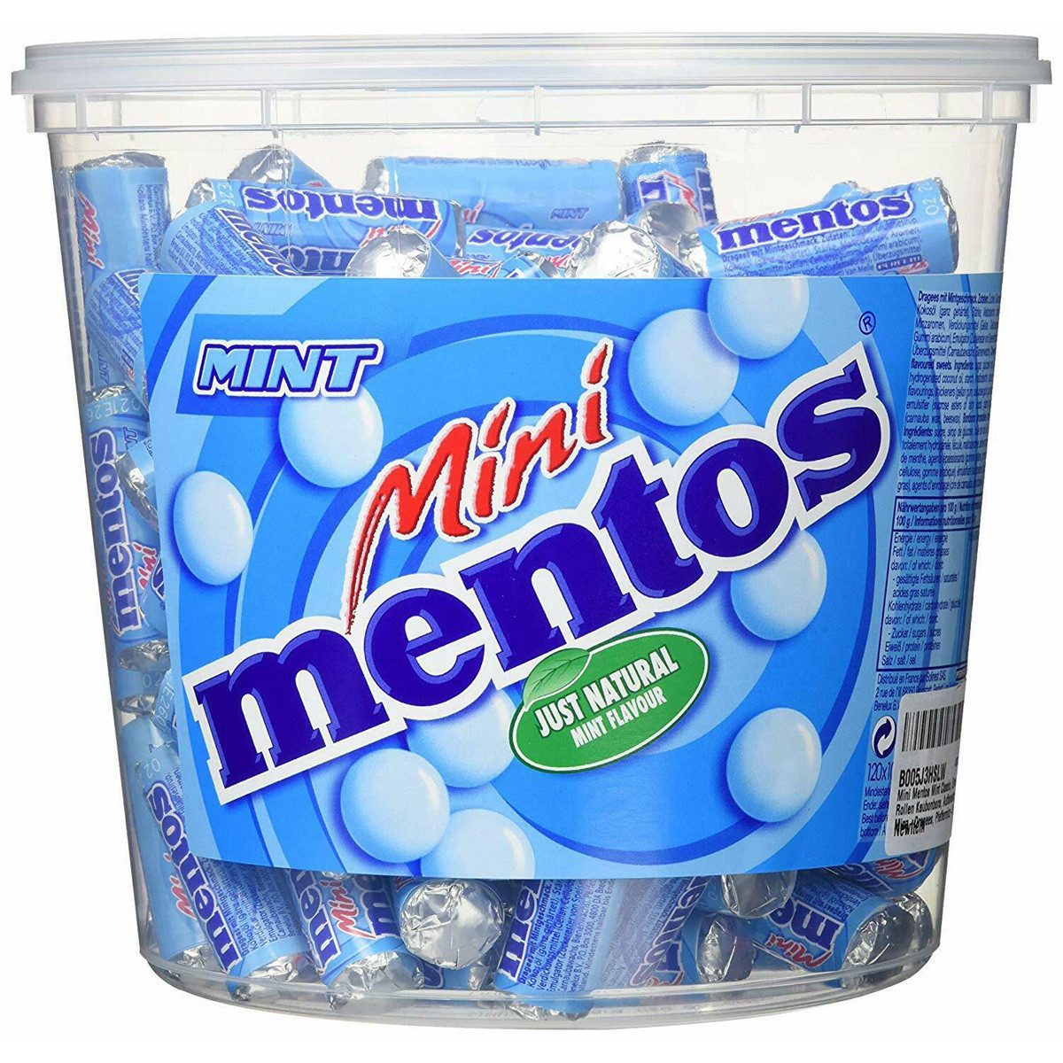 MENTOS Süßigkeit, Mentos Mini Mint 120 Rollen Kaudragees mit Mintgeschmack in Dose 1260g