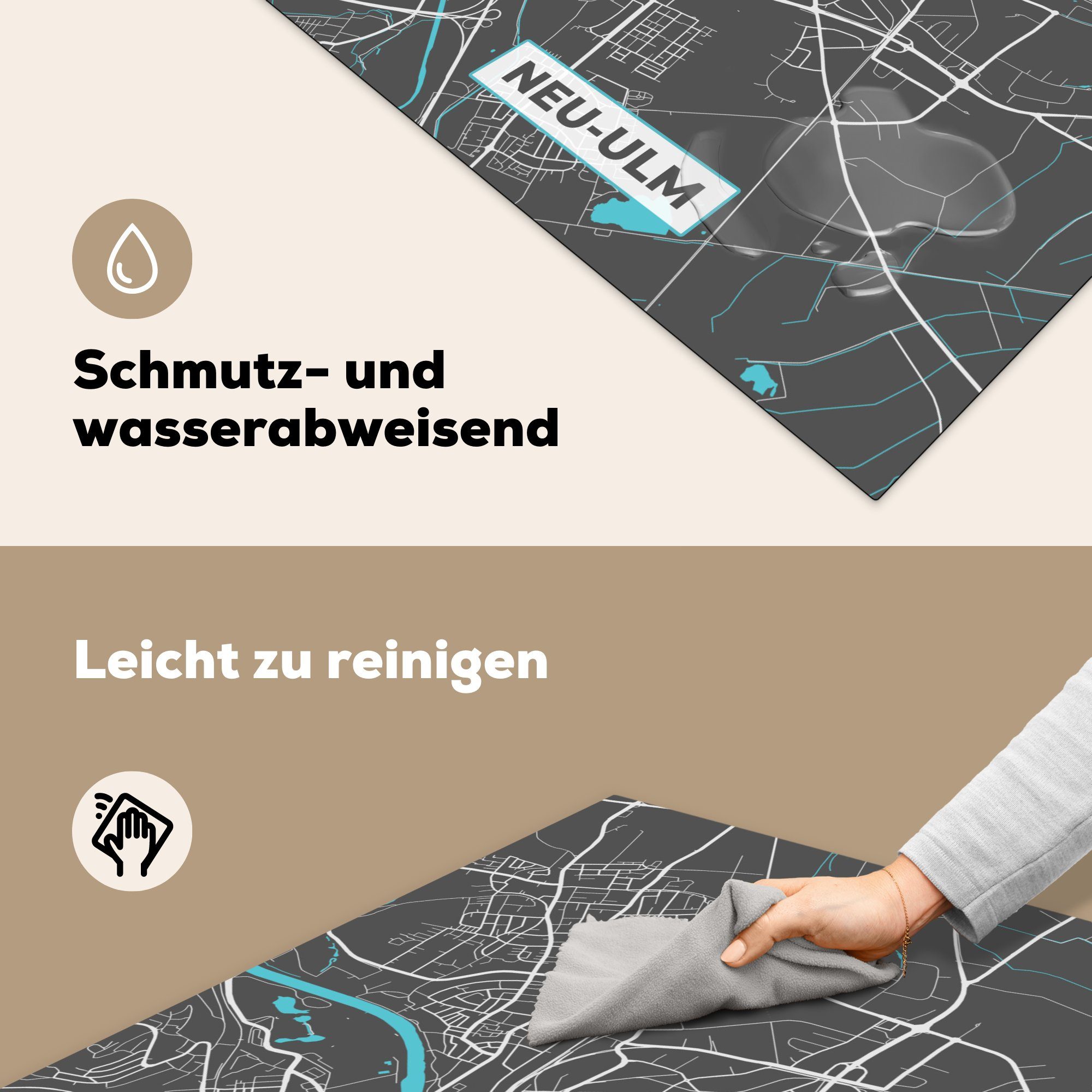 MuchoWow Herdblende-/Abdeckplatte Stadtplan - Deutschland Karte, - für (1 Neu Ceranfeldabdeckung, tlg), - Ulm cm, küche 78x78 Arbeitsplatte Vinyl, - Blau