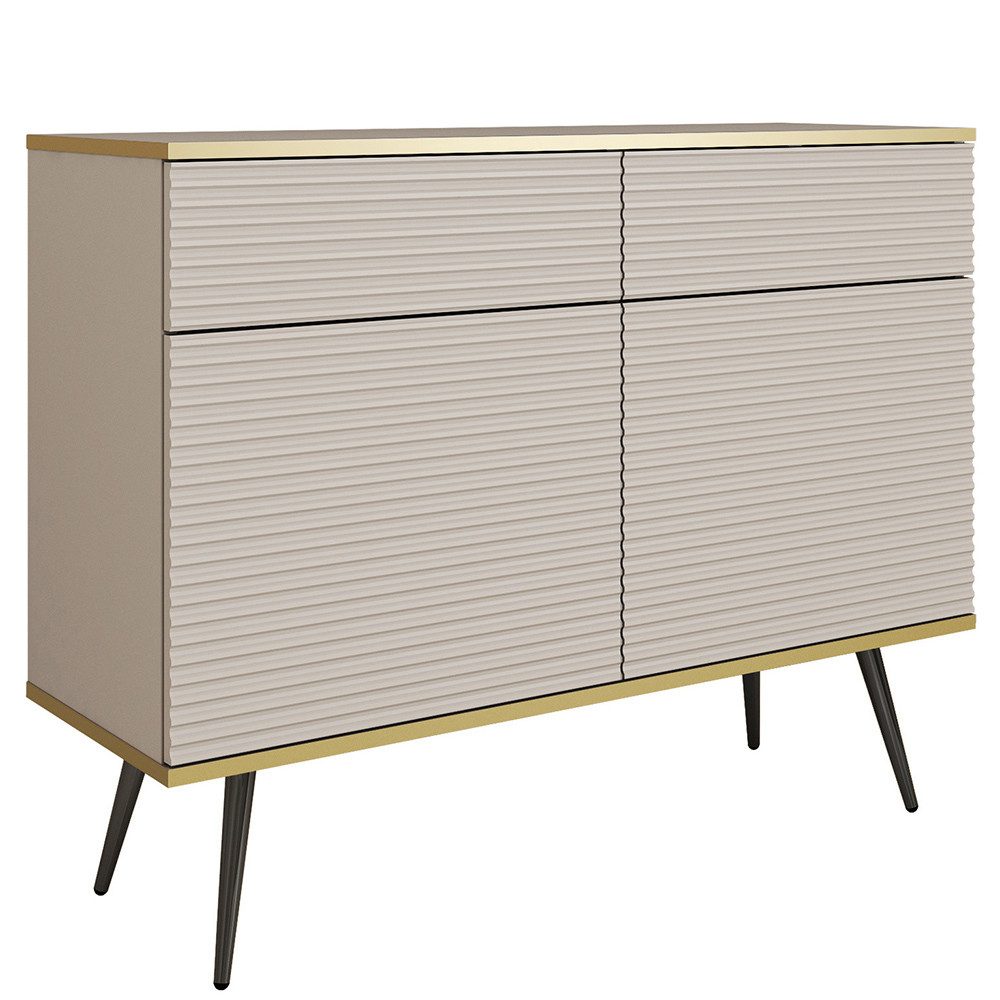 Lomadox Kommode OLOVO-160, Beige, goldfarbene Kanten, Metallbeine schwarz