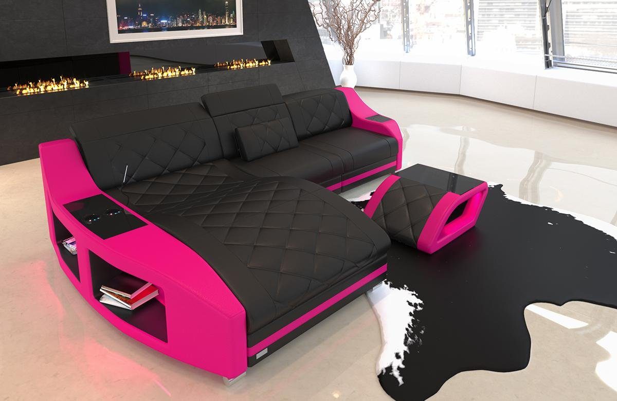 Sofa Dreams Ecksofa Couch Ledersofa Swing L Form Leder Sofa, mit LED,  wahlweise mit Bettfunktion als Schlafsofa, schwarz-pink