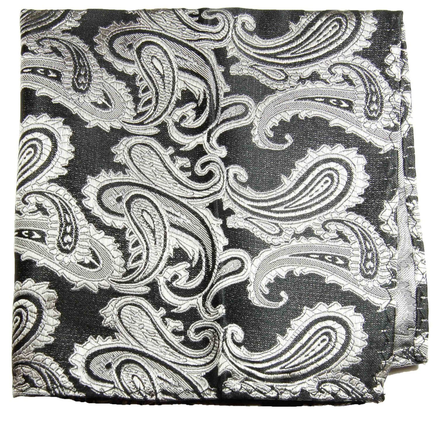 Krawatte Seidenkrawatte Einstecktuch) silber 2-St., Krawatte Seide schwarz Breit Tuch paisley Malone 100% (8cm), 352 Herren mit Paul brokat mit (Set, grau