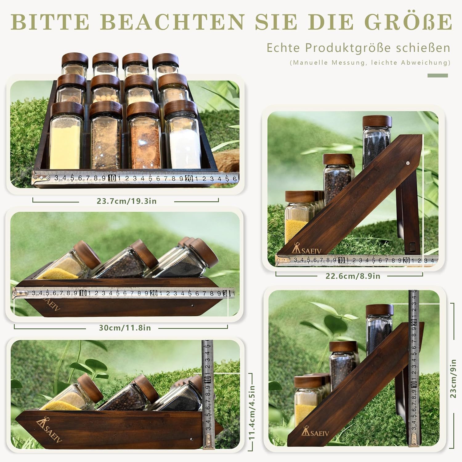 KingLux Gewürzbehälter Gewürz Organizer Akazien Holz mit 12x120ml gewürzgläser eckig, (12-tlg)