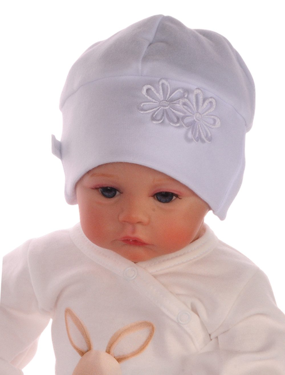 La Bortini Erstlingsmütze Baby Mütze in Weiß mit Blumen Haube in Weiß Übergangsmütze festlich, 32 34 35 36 37 38 39 40 41 42 43 44 45 46 47 48 49 50 52