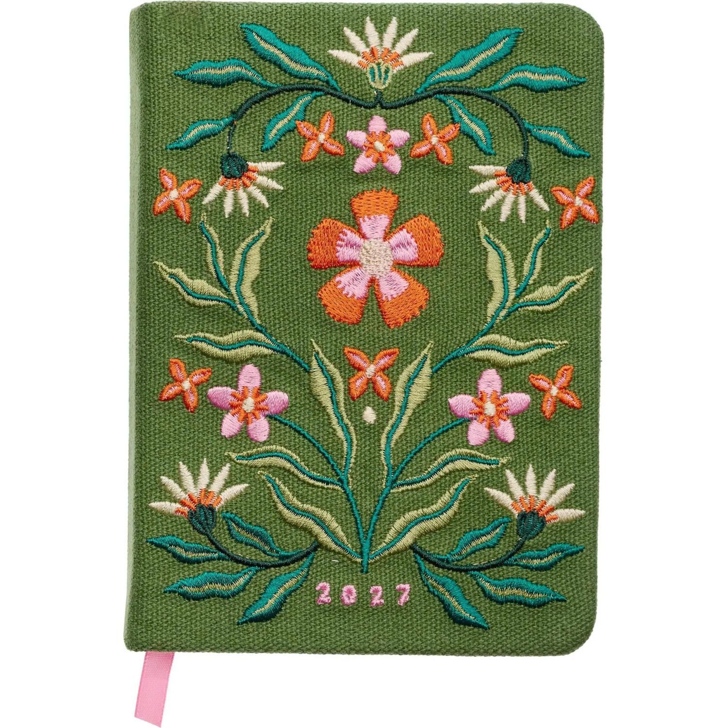 groh Verlag Taschenkalender Taschenkalender A6 2027: Blütenmotiv, bestickt, grün
