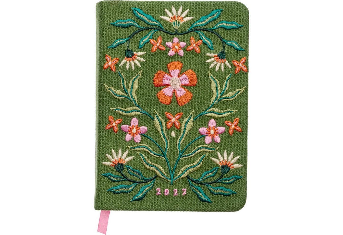 groh Verlag Taschenkalender Taschenkalender A6 2027: Blütenmotiv, bestickt, grün