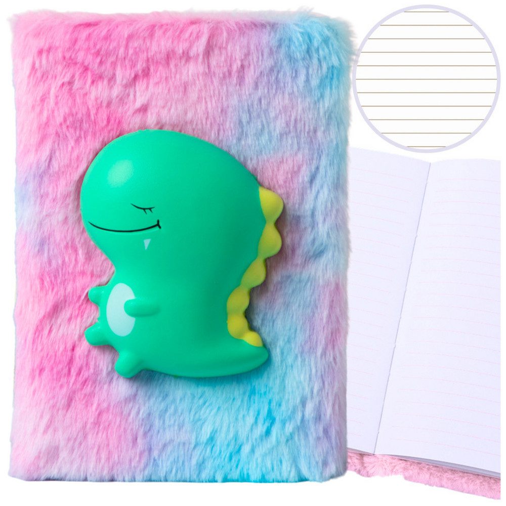 LEAN TOYS Notizbuch Kindertagebuch Dinotagebuch Schreibheft, 3D-Dino-Applikation, Plüscheinband, liniert