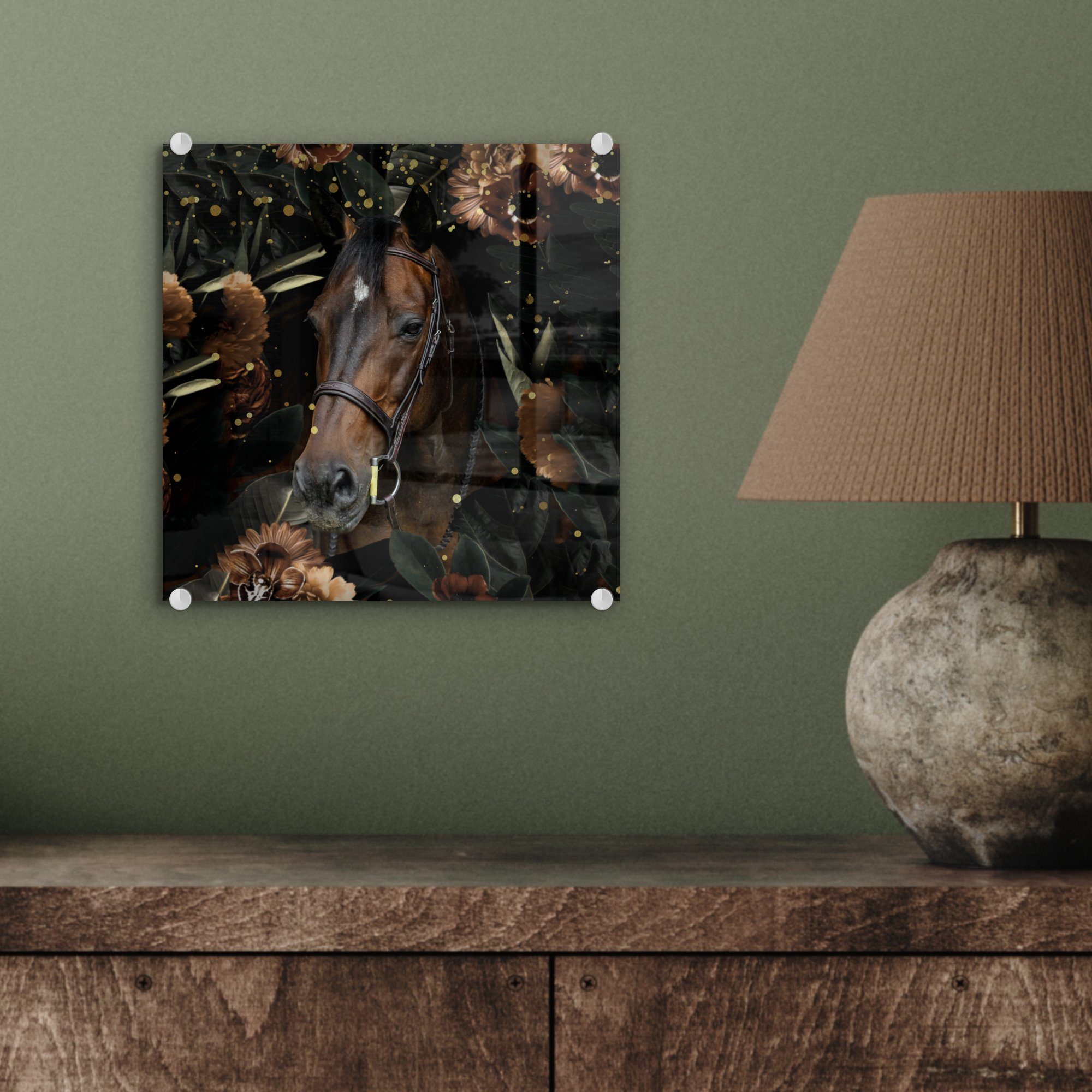 (1 Pferd - Blumen Halfter, Glas auf - Foto - auf Wanddekoration Glasbilder MuchoWow Acrylglasbild - - Wandbild Glas Bilder St),