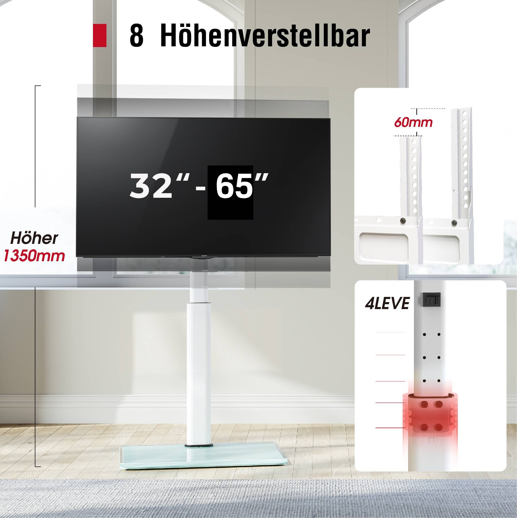 AOKCOS TV-Ständer höhenverstellbar, -2° bis 10° neigbar, ±30° schwenkbar, 32-65 Zoll, (bis 65 Zoll, mit Kabelmanagement, rutschfeste Füße) – Bild 3 von 5