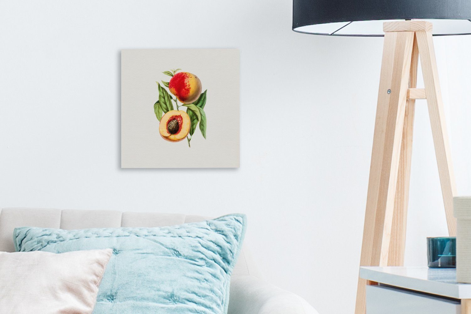 OneMillionCanvasses® Leinwandbild (1 St), Schlafzimmer Wohnzimmer Pfirsich - für - Bilder Frucht Blatt, Leinwand