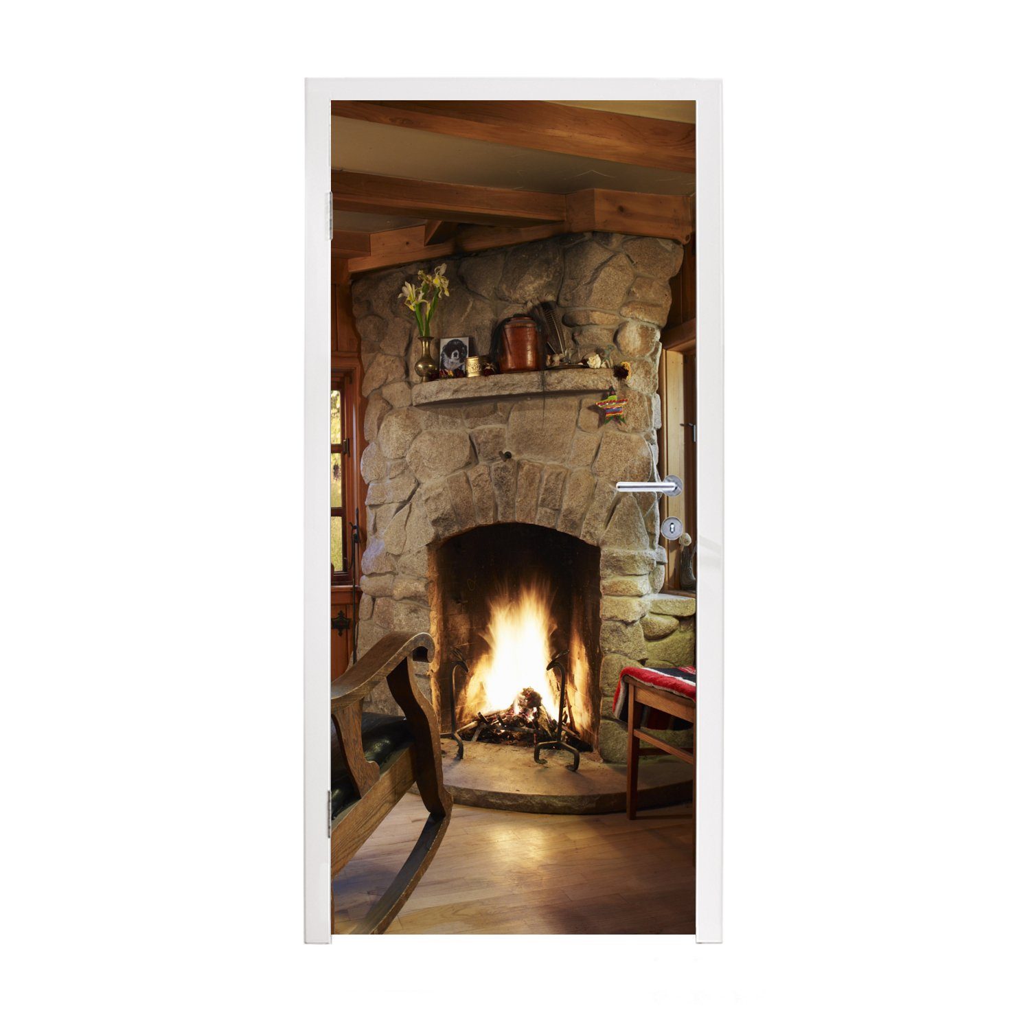 Kamin, einem Türaufkleber, MuchoWow für Tür, (1 St), Matt, Brennendes bedruckt, cm 75x205 Türtapete Fototapete Feuer in