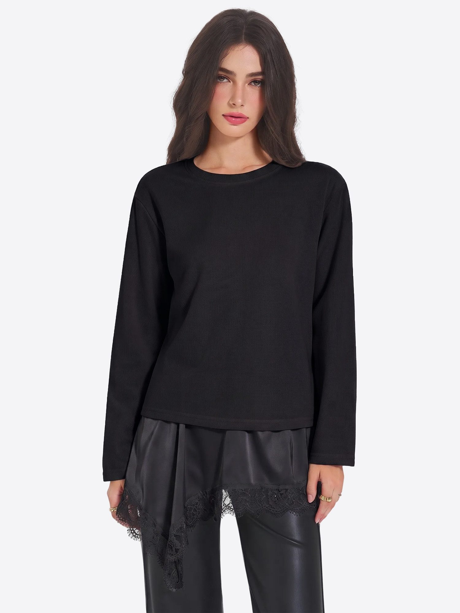 Imily Bela Langarmshirt Damen Lässige Tunika mit asymmetrischem Saum und Spitze (Packung, 1-tlg., 1per-Pack) in Unifarbe