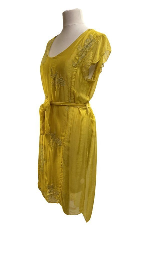 BZNA Sommerkleid Seidenkleid Herbst Sommer Gelb Kleid Muster mit