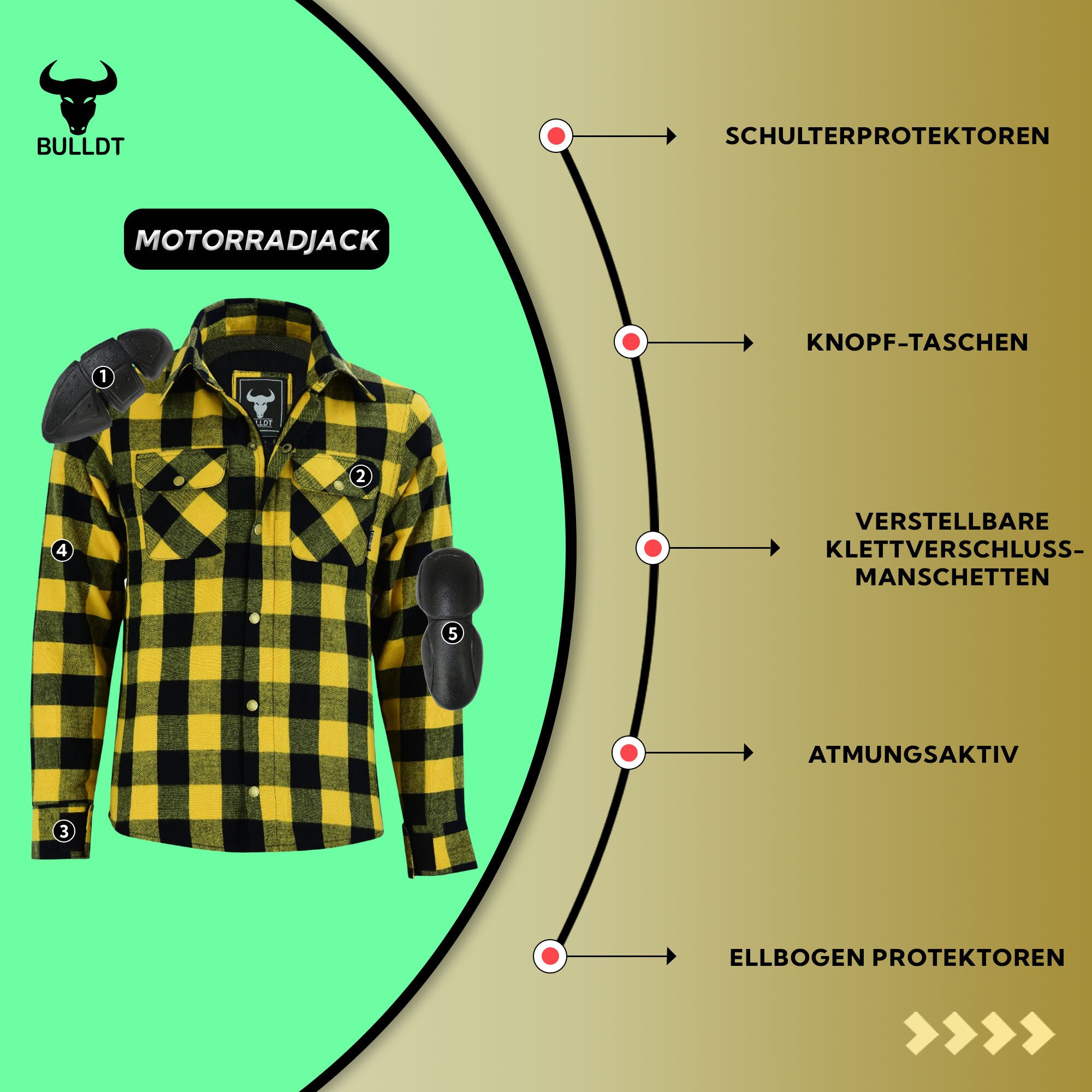 BULLDT Motorradjacke BLD1201 (mit 4 CE-Protektoren) BULLDT Herren Motorradhemd Holzfäller-Look Hemd