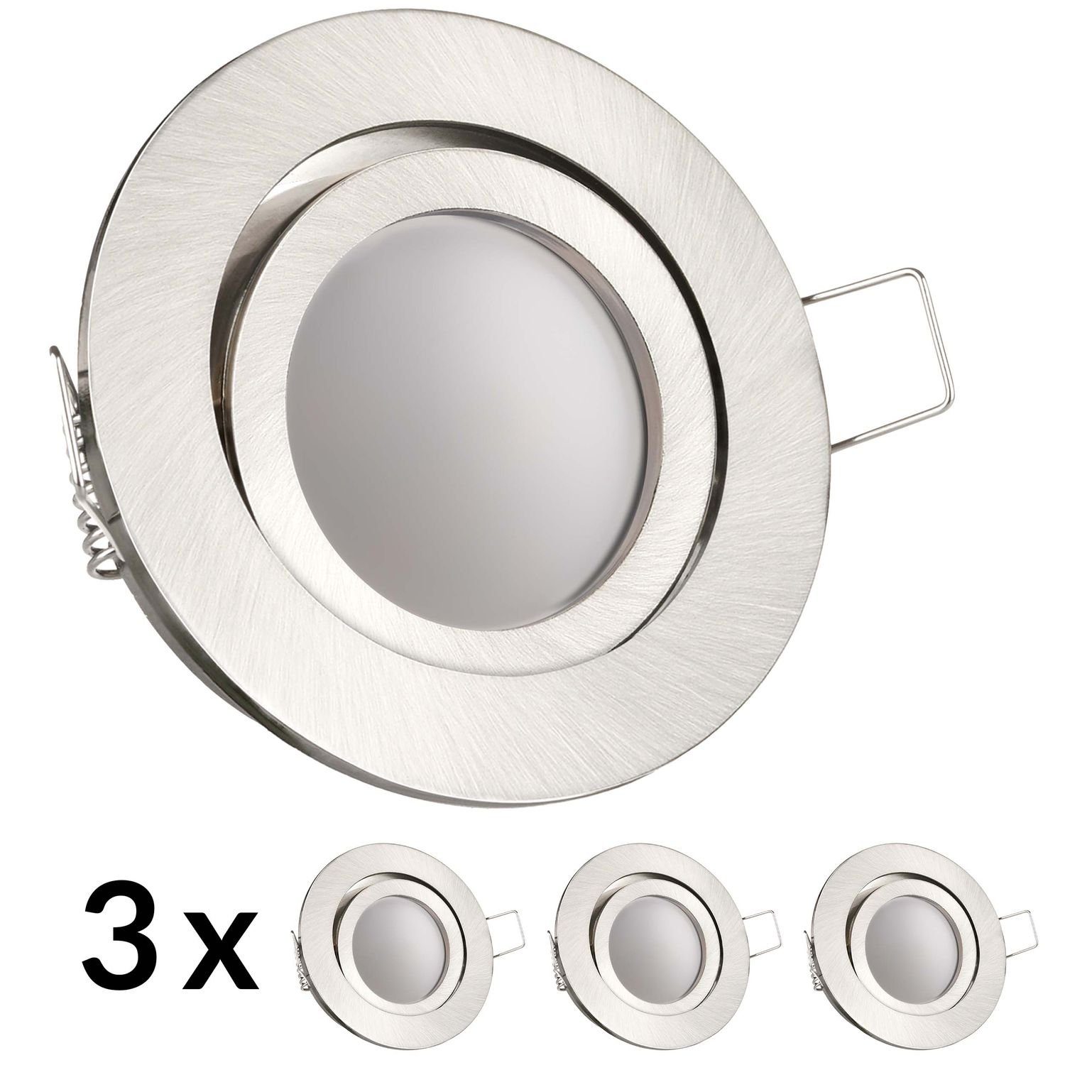 LEDANDO LED Einbaustrahler 3er LED Einbaustrahler Set Silber gebürstet mit LED GU10 Markenstrahle