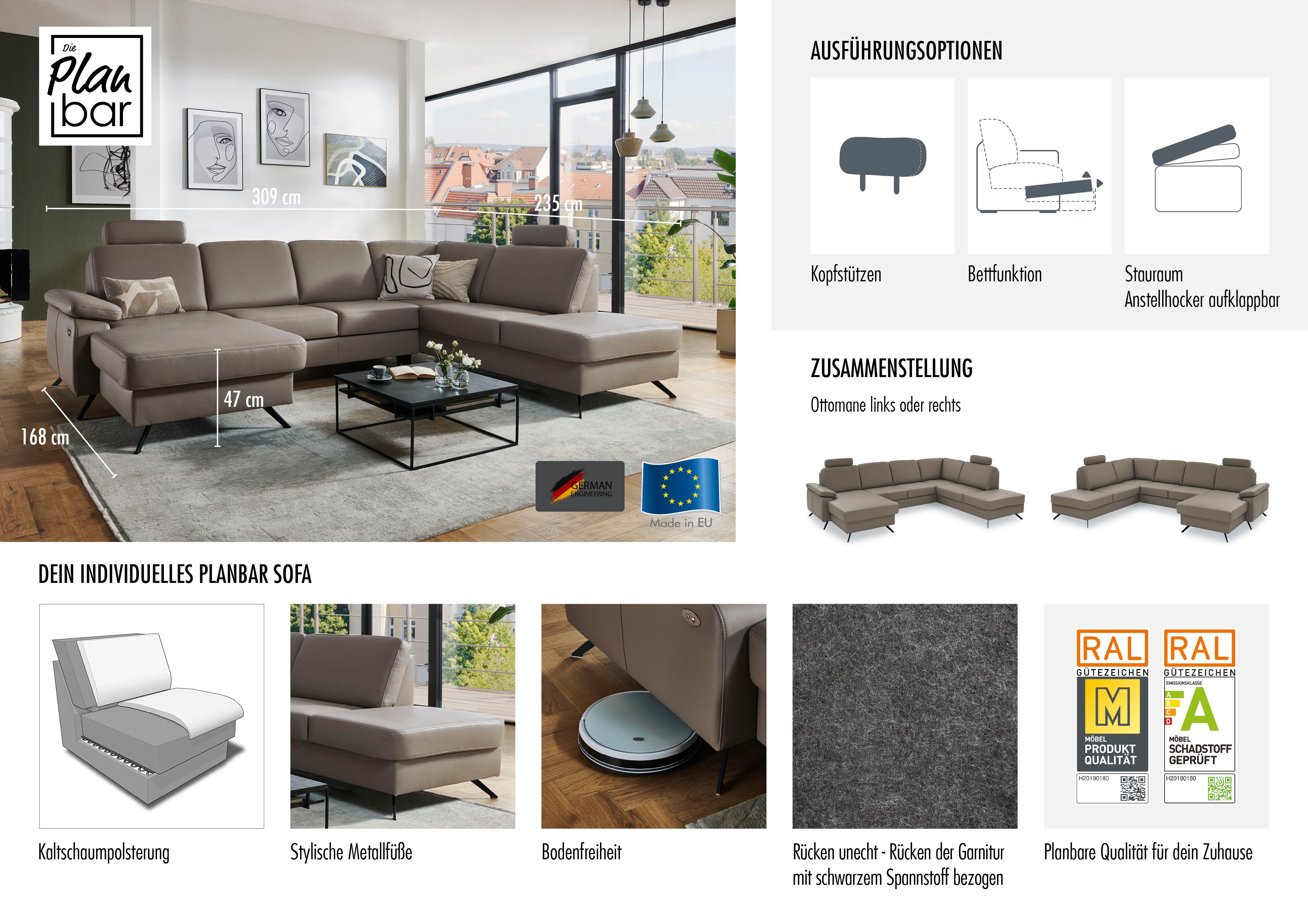 Die PlanBar Wohnlandschaft PN-EM15047 U-Form, mit Kopfstützen, Echtleder, wahlweise mit Bettfunktion u. Stauraum