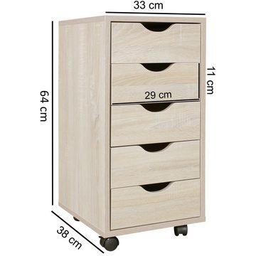 Wohnling Rollcontainer WL5.174, (Schreibtischcontainer 33 x 64 x 38 cm Sonoma), Rollschrank 5 Schubladen, Bürocontainer mit Rollen