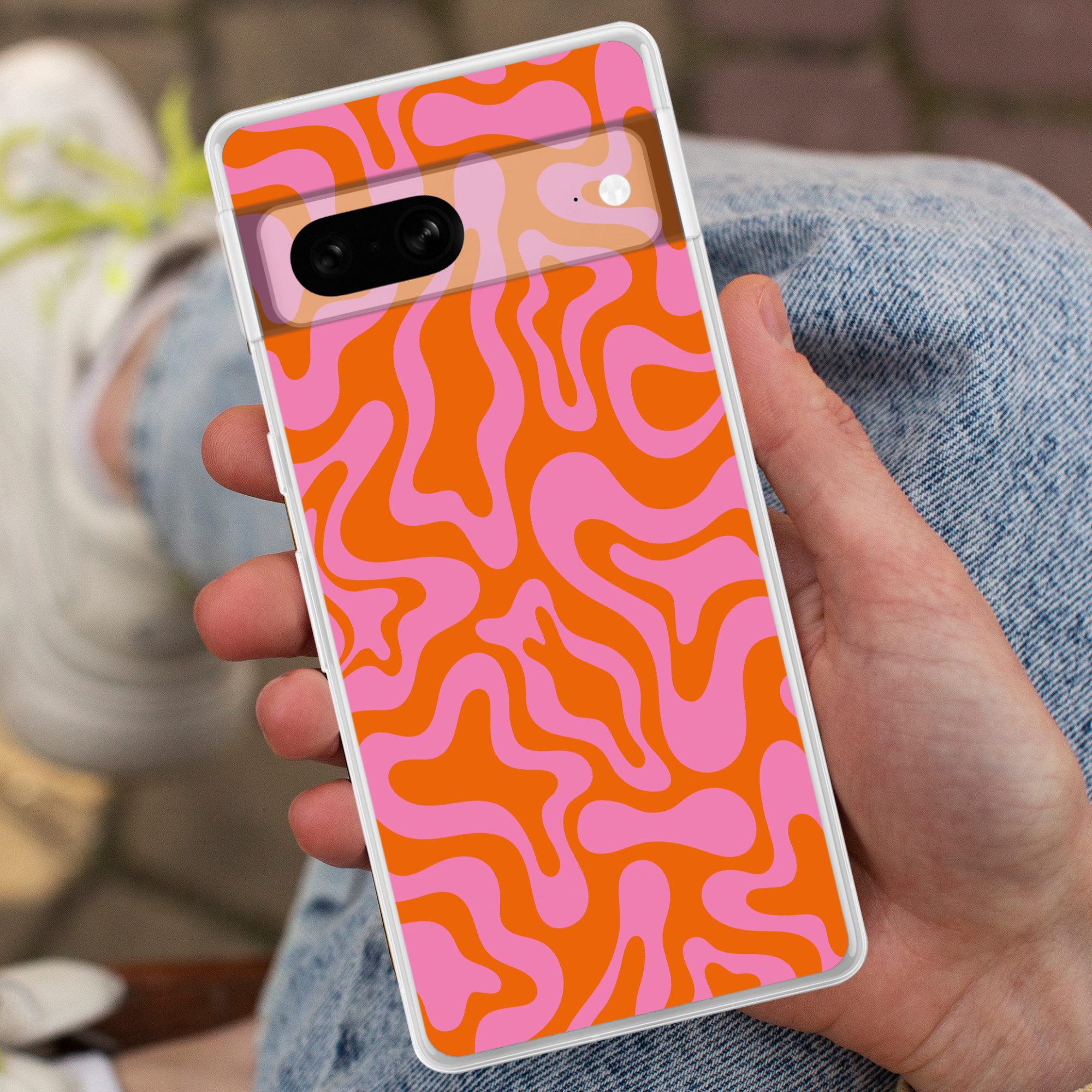 MuchoWow Handyhülle für Google Pixel 7 Muster - Rosa - Orange - Abstrakt - Modern, Phone Case, Silikon, Schutzhülle Dünn