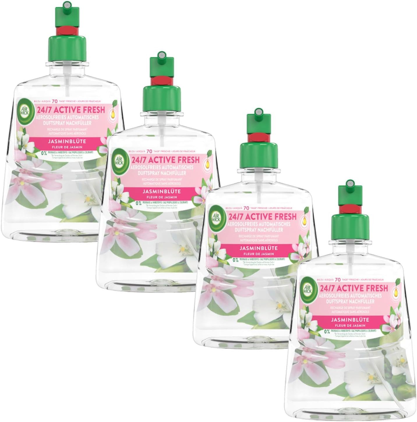 Air Wick Raumduft Active Fresh Nachfüller Jasminblüte 4 x 228ml (Spar-Pack, 4-St., automatisches Duftspray), aerosolfrei