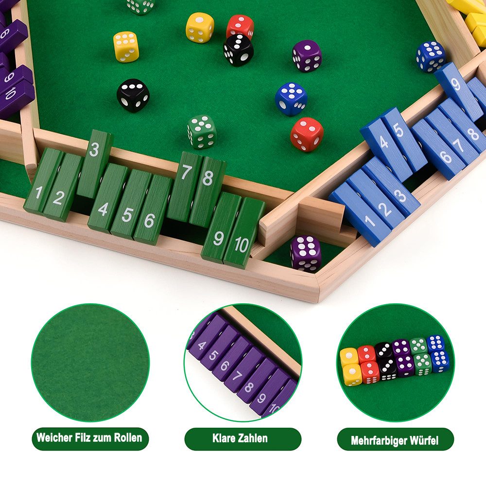CLTYQ Spiel Shut The Box Spiel –Brettspiel,Holzspiel für 6 Spieler,für Erwachsene, klassisches Würfelspiel, Spaß, Box schließen, 10 Zahlen für Kinder