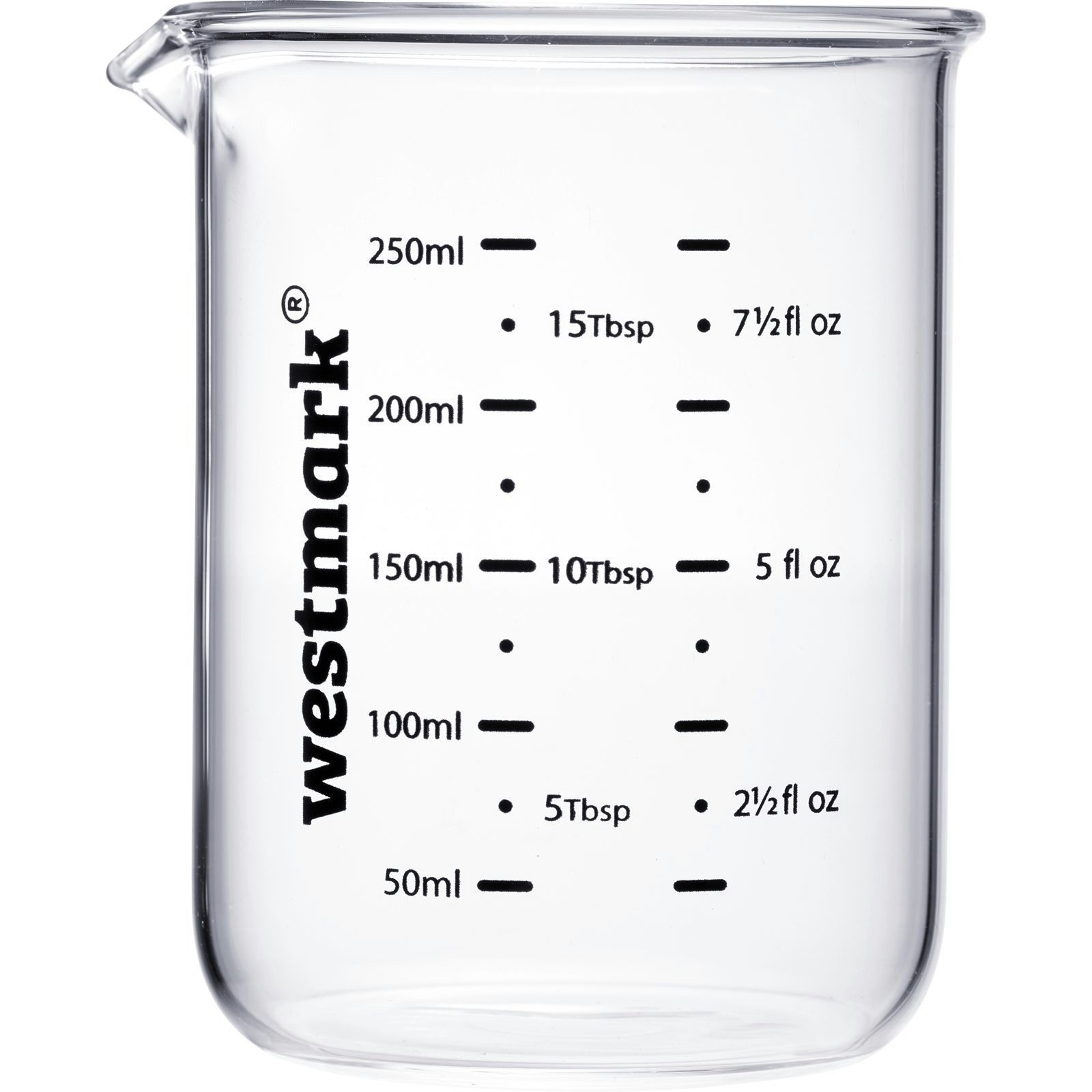 WESTMARK Messbecher Messglas-Set, 3tlg., 50, 100, 250 ml, Borosilikatglas, Silikon, (Set, 3-St), Skalen in ml, Tbsp, tsp und fl oz