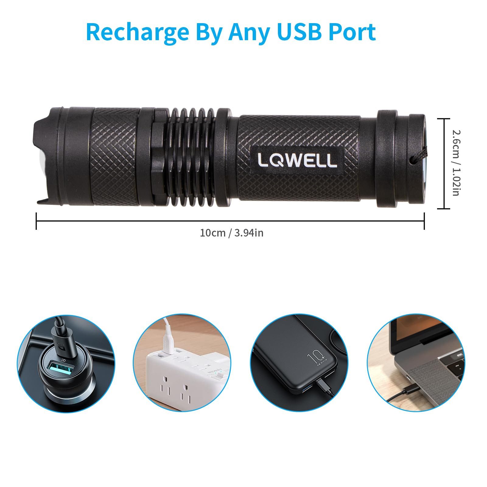 LQWELL Taschenlampe Mini Taschenlampe LED USB C Aufladbar, Zoombares Taschenlampen Klein (1-St., mit 3 Lichtmodi, Tragbare Hand Flashlight), für Camping, Wandern, Notfäll, Laufen, Radfahren, Nachtlesen