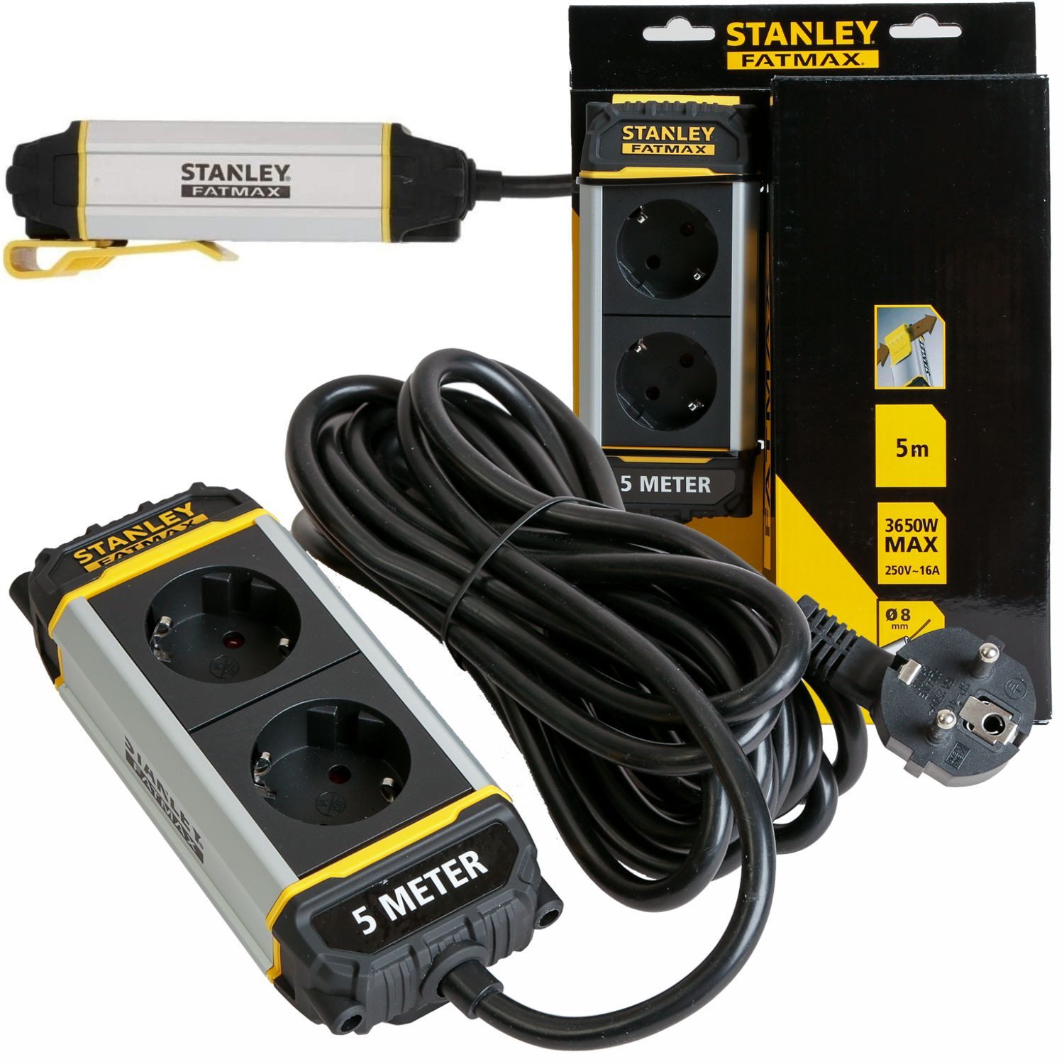 STANLEY 5m ALU Mehrfachstecker 2-Fach mit Clip Mehrfachsteckdose (Schutzkontaktstecker), 5m Steckdosenleiste IP20 Halteclip Mehrfachsteckdose Steckerleiste